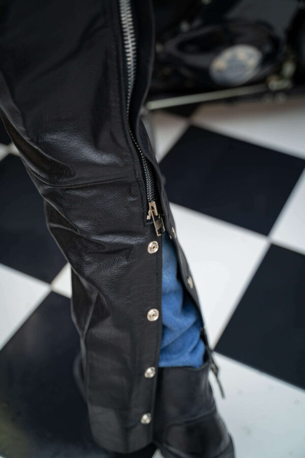 Vance Leather Unisex Classic Black Leather Biker Motorcycle Riding Chaps - Image 8
