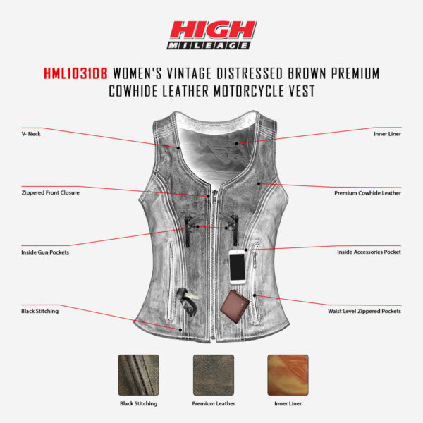 High Mileage Womens Vintage Distressed Brown Premium Cowhide Leather Motorcycle Vest - Image 4