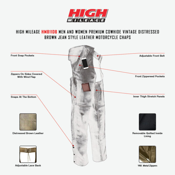 High Mileage Premium Cowhide Vintage Distressed Brown Jean Style Leather Motorcycle Chaps Unisex - Image 5