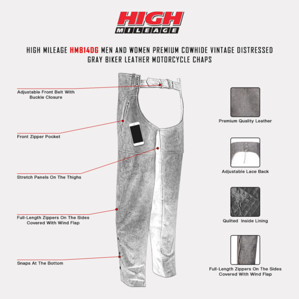 High Mileage Unisex Premium Cowhide Vintage Distressed Gray Biker Leather Motorcycle Chaps - Image 6
