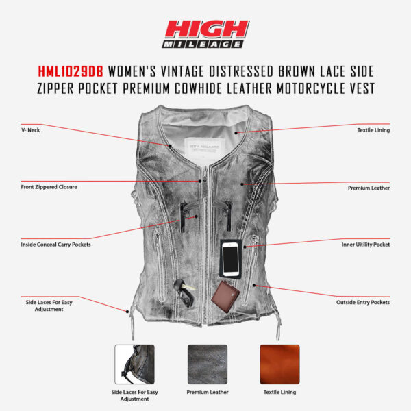 High Mileage Women's Vintage Distressed Brown Lace Side Zipper Pocket Premium Cowhide Leather Motorcycle Vest - Image 4