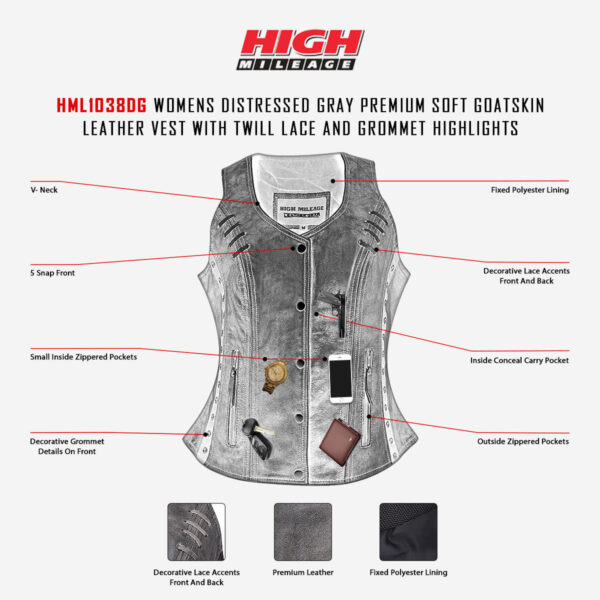 High Mileage Women's Distressed Gray Premium Soft Goatskin Leather Vest With Twill Lace and Grommet Highlights - Image 3