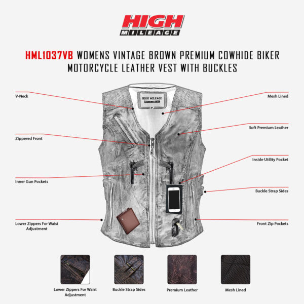 High Mileage Womens Vintage Brown Premium Cowhide Biker Motorcycle Leather Vest With Buckles - Image 5