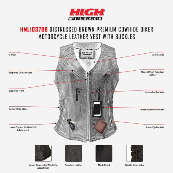 High Mileage HML1037DB Womens Distressed Brown Premium Cowhide Biker Motorcycle Leather Vest With Buckles - Image 5