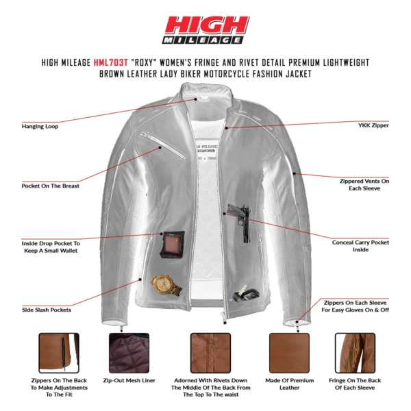 High Mileage "Roxy" Women's Fringe and Rivet Detail Premium Lightweight Brown Leather Lady Biker Motorcycle Fashion Jacket - Image 13