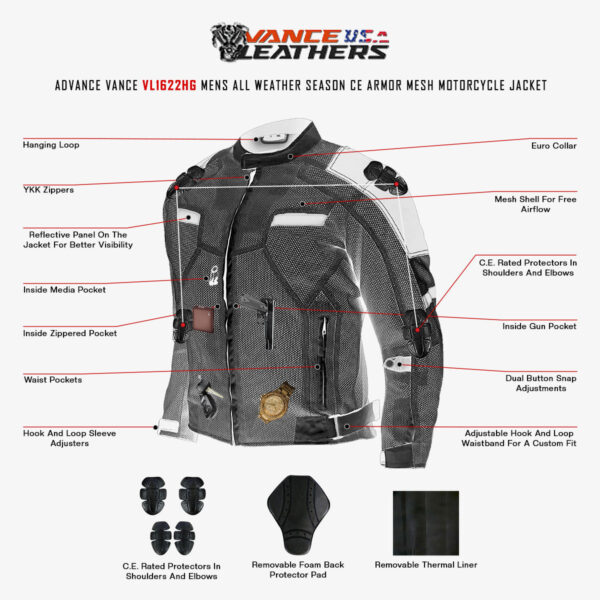 Vance Mens All Weather Hi-Viz CE Armor Mesh Motorcycle Jacket - Image 5