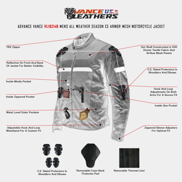 Vance Mens All Weather Season CE Armor Mesh Motorcycle Jacket - Image 2