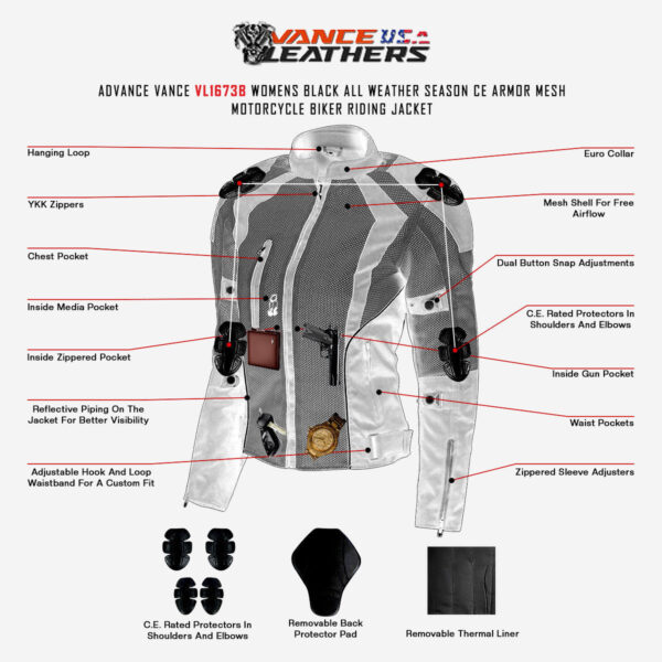 Advance Vance Women's Black All Weather Season CE Armor Mesh Motorcycle Biker Riding Jacket - Image 4