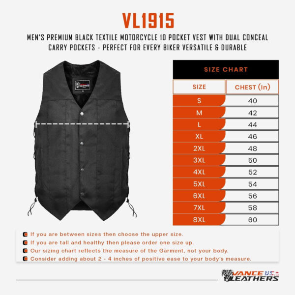 Men's Premium Black Textile Motorcycle 10 Pocket Vest with Dual Conceal Carry Pockets - Perfect for Every Biker Versatile & Durable - Image 7