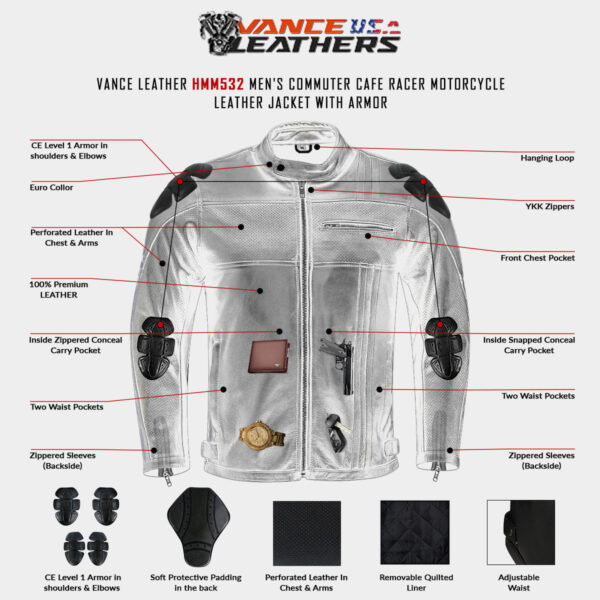 High Mileage Mens Premium Commuter Cafe Racer Motorcycle Leather Jacket with Removeable CE Armor - Image 6