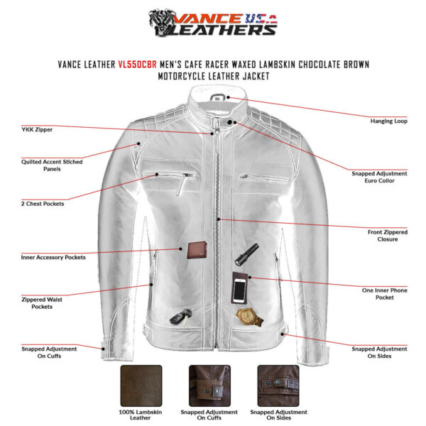 Mens Cafe Racer Waxed Lambskin Chocolate Brown Motorcycle Leather Jacket - Image 6