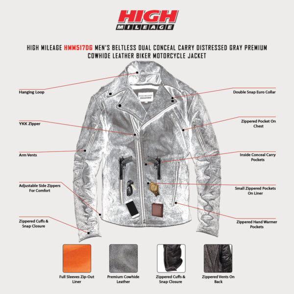 High Mileage Mens Beltless Dual Conceal Carry Distressed Gray Premium Cowhide Leather Biker Motorcycle Jacket - Image 3