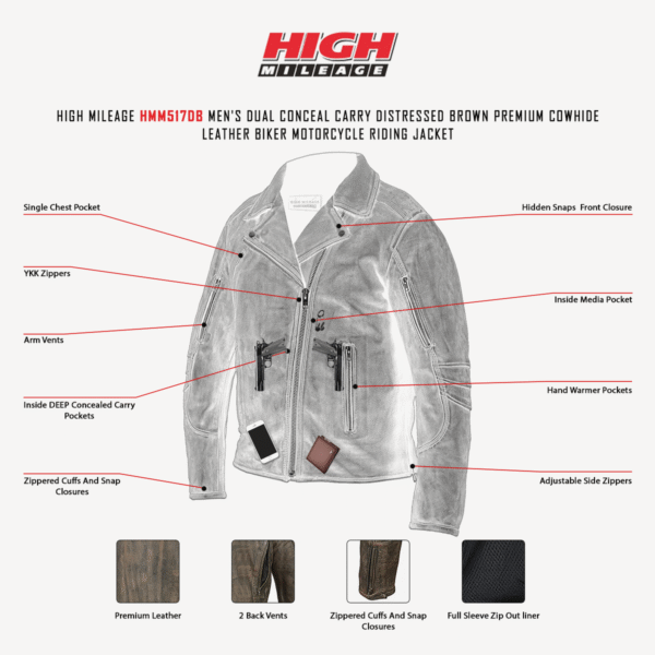 High Mileage Men's Dual Conceal Carry Distressed Brown Premium Cowhide Leather Biker Motorcycle Jacket - Image 5