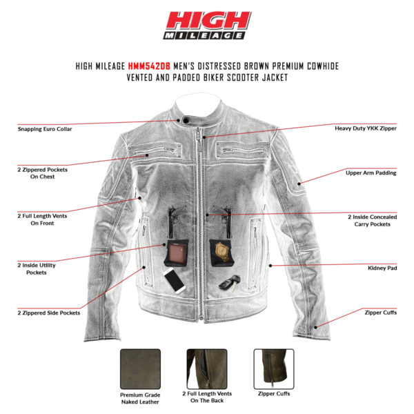 High Mileage HMM542DB Men's Distressed Brown Premium Cowhide Vented and Padded Biker Scooter Jacket - Image 5