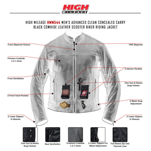 High Mileage Mens Advanced Clean Concealed Carry Black Cowhide Leather Motorcycle Riding Jacket - Image 7