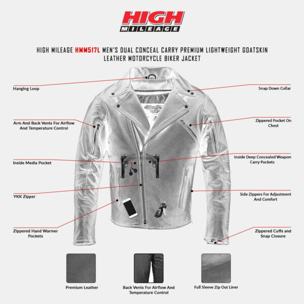 High Mileage Men's Dual Conceal Carry Premium Lightweight Goatskin Leather Motorcycle Jacket - Image 5