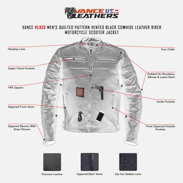 Vance Leathers Men's Quilted Pattern Vented Black Cowhide Leather Biker Motorcycle Jacket - Image 2