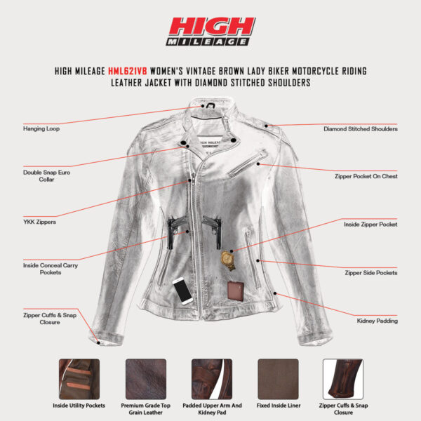 High Mileage Women's Vintage Brown Lady Biker Motorcycle Riding Leather Jacket With Diamond Stitched Shoulders - Image 6