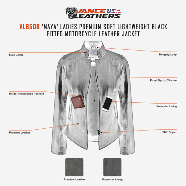 Vance Leathers 'Maya' Ladies Premium Soft Lightweight Black Fitted Motorcycle Leather Jacket - Image 7