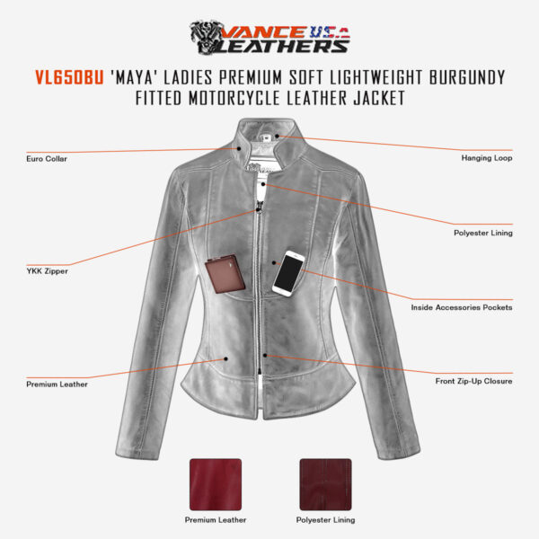 Vance Leathers 'Maya' Ladies Premium Soft Lightweight Burgundy Fitted Motorcycle Leather Jacket - Image 8