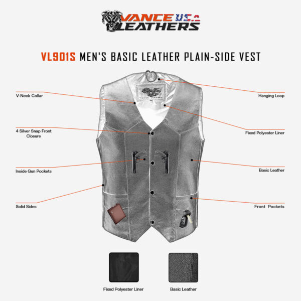 Vance Classic Mens Black Leather Vest - Image 4