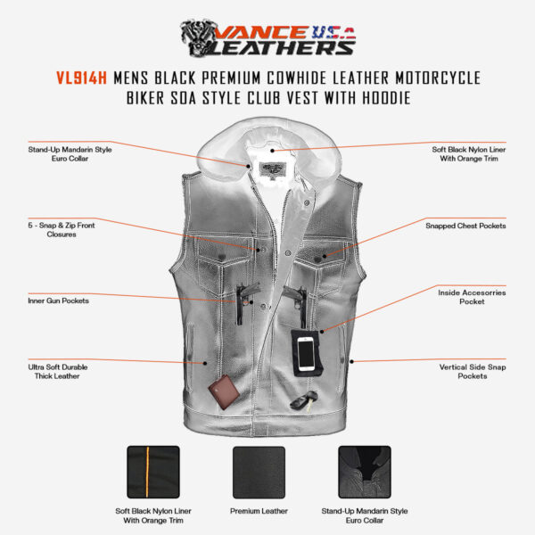 Vance Mens Black Premium Cowhide Leather Motorcycle Biker SOA Style Club Vest with Hoodie - Image 5