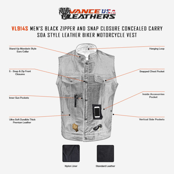 Men's Standard Black Zipper and Snap Closure Concealed Carry SOA Style Leather Motorcycle Vest - Image 5