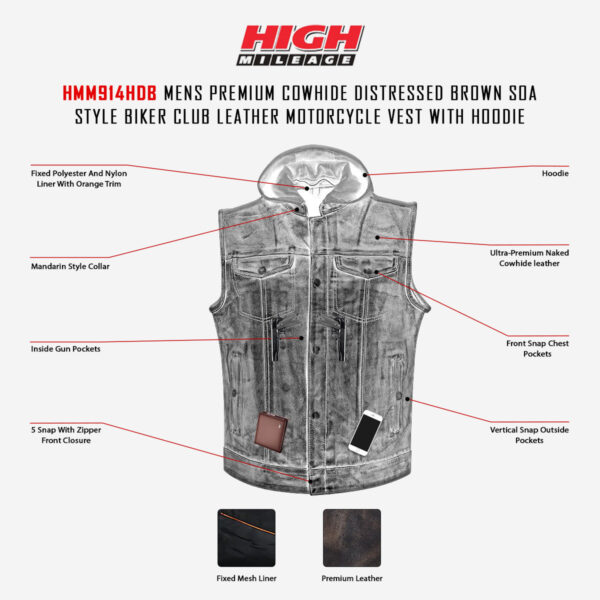 High Mileage Mens Premium Cowhide Distressed Brown SOA Style Biker Club Leather Motorcycle Vest With Hoodie - Image 5