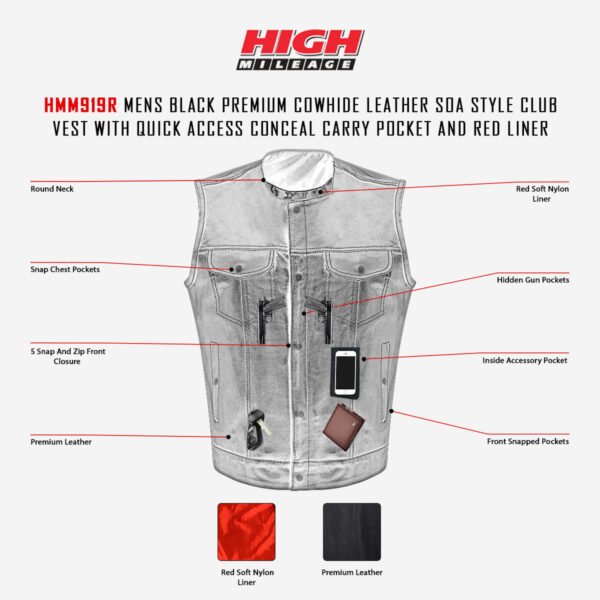 High Mileage Men's Black Premium Cowhide Leather SOA Style Club Vest With Quick Access Conceal Carry Pocket and Red Liner - Image 5