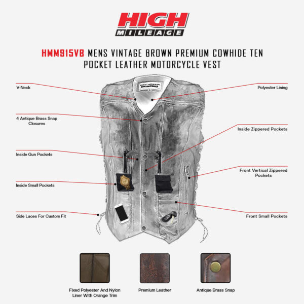 High Mileage Mens Vintage Brown Premium Cowhide Ten Pocket Leather Motorcycle Vest - Image 8