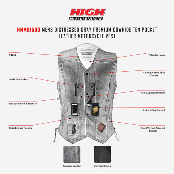 High Mileage Men's Distressed Gray Premium Cowhide Ten Pocket Leather Motorcycle Vest - Image 6