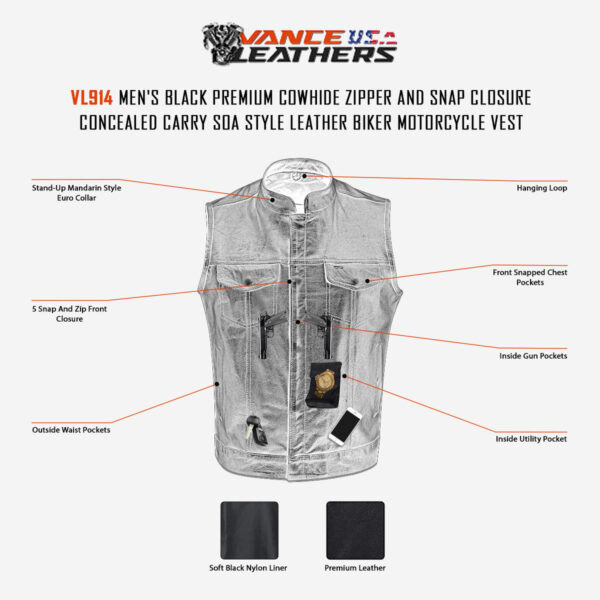 Mens Premium Black Cowhide Zipper and Snap Closure Concealed Carry SOA Style Leather Biker Motorcycle Vest - Image 4