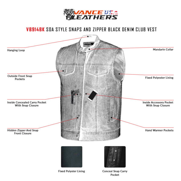Mens SOA Style Black Denim Club Vest - Image 8