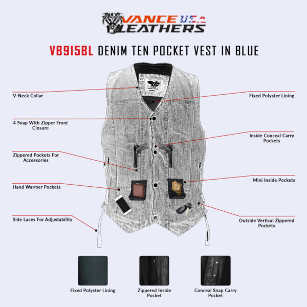 Vance Mens Blue Ten Pocket Denim Motorcycle Vest - Image 4