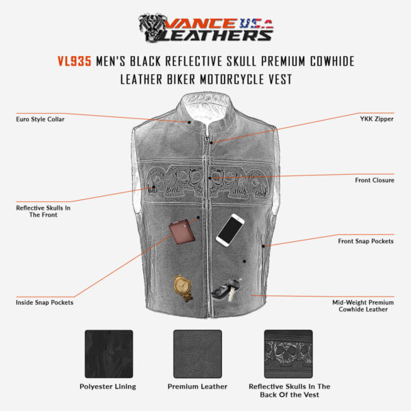 Vance VL935 Men's Black Reflective Skull Premium Cowhide Leather Biker Motorcycle Vest - Image 5