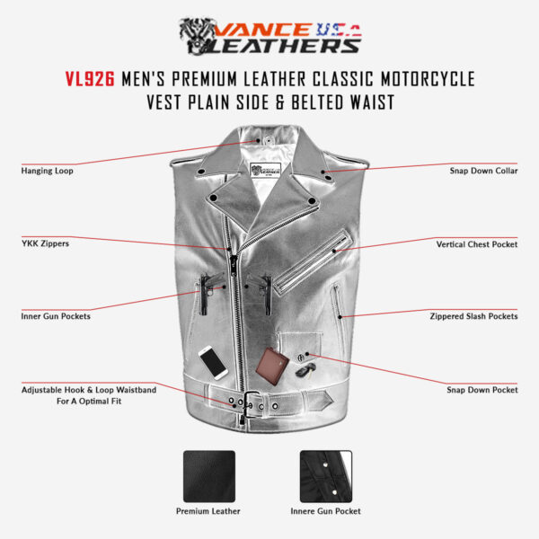 Vance Men's Premium Leather Classic Motorcycle Vest Plain Side & Belted Waist - Image 7