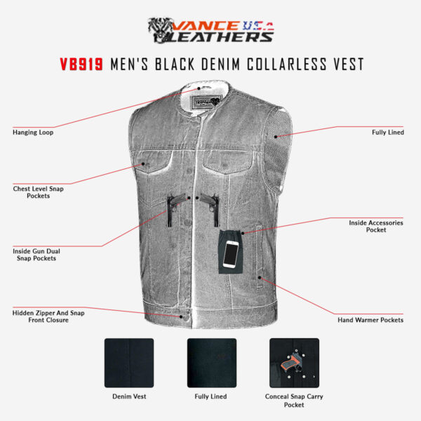 Men's Black Denim Collarless Club Vest with Conceal Carry Pockets - Image 7