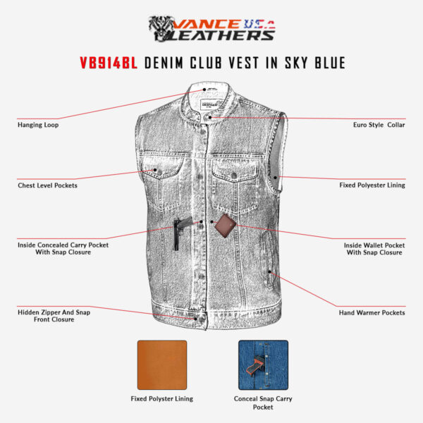 Mens Sky Blue Denim Club Vest w/ Concealed Carry - Image 8