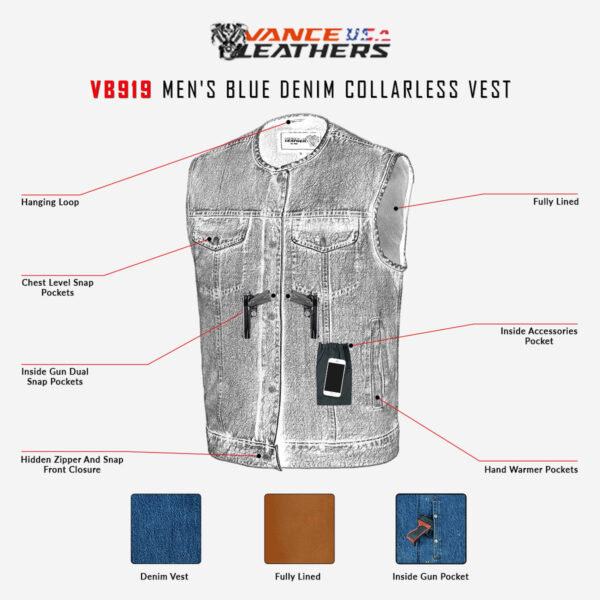 Men's Blue Denim Collarless Club Vest with Conceal Carry Pockets - Image 9
