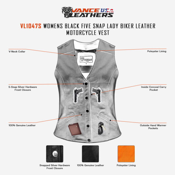 Womens Black Five Snap Lady Biker Leather Motorcycle Vest - Image 3