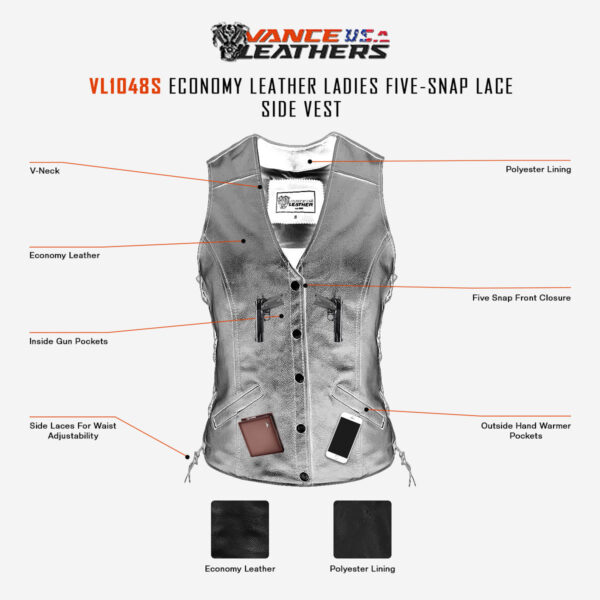 Vance Leather Ladies Economy Leather Five-Snap Lace Side Vest - Image 3