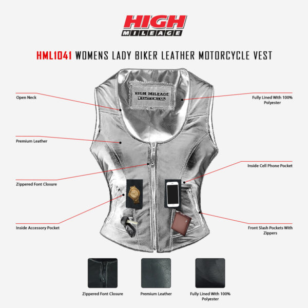 High Mileage Women's Lady Biker Leather Motorcycle Vest - Image 5