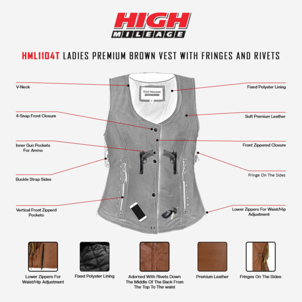 High Mileage 'Roxy' Ladies Premium Brown Leather Vest with Fringes and Rivets - Image 13