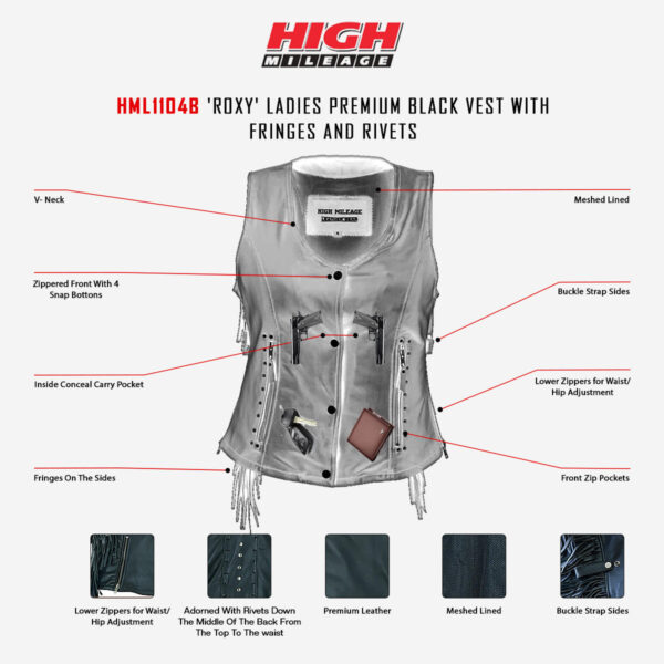 High Mileage 'Roxy' Ladies Premium Black Vest with Fringes and Rivets - Image 14