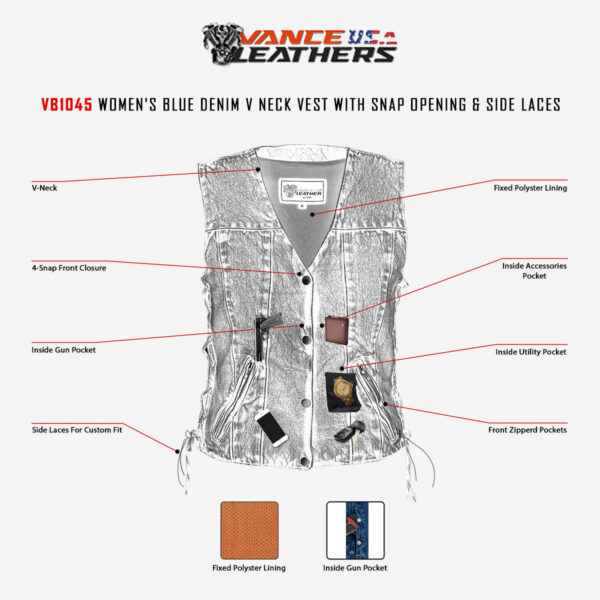 Womens Blue Denim V Neck with Snap Opening & Side Laces Motorcycle Vest - Image 9