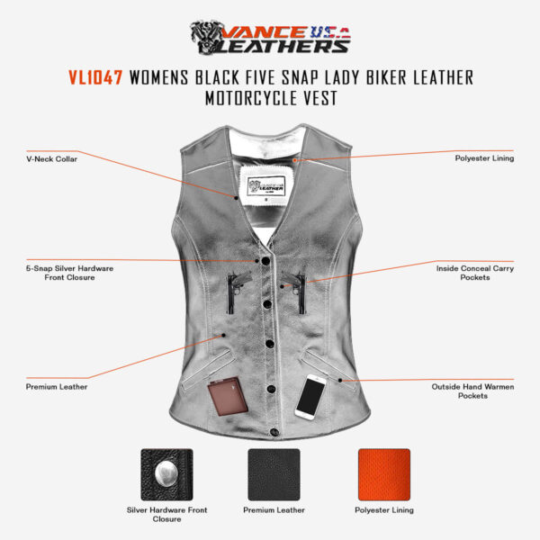 Women's Five Snap Leather Vest with Conceal Carry Pocket - Image 8
