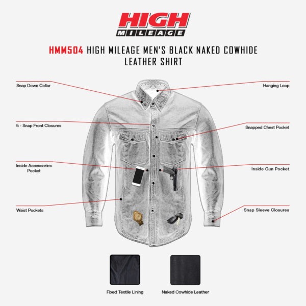 High Mileage Mens Concealed Carry Black Premium Cowhide Biker Motorcycle Leather Shirt - Image 5