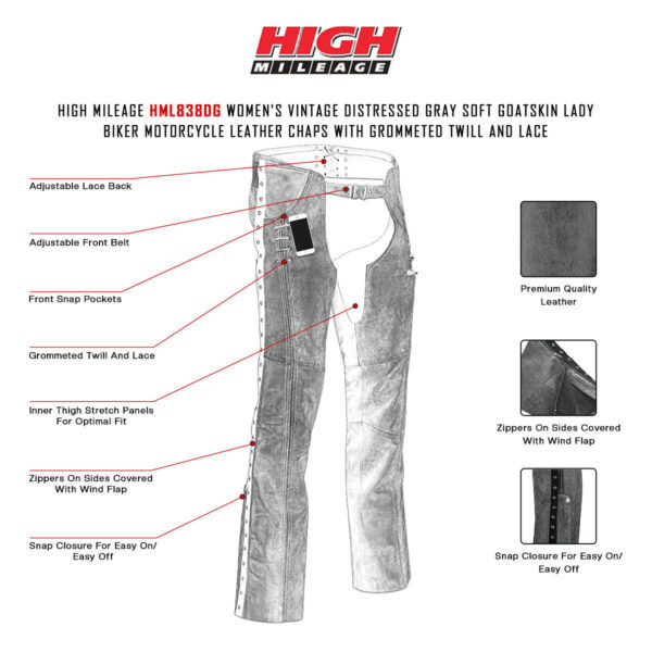 High Mileage Womens Vintage Distressed Gray Soft Goatskin Lady Biker Motorcycle Leather Chaps with Grommeted Twill and Lace - Image 14