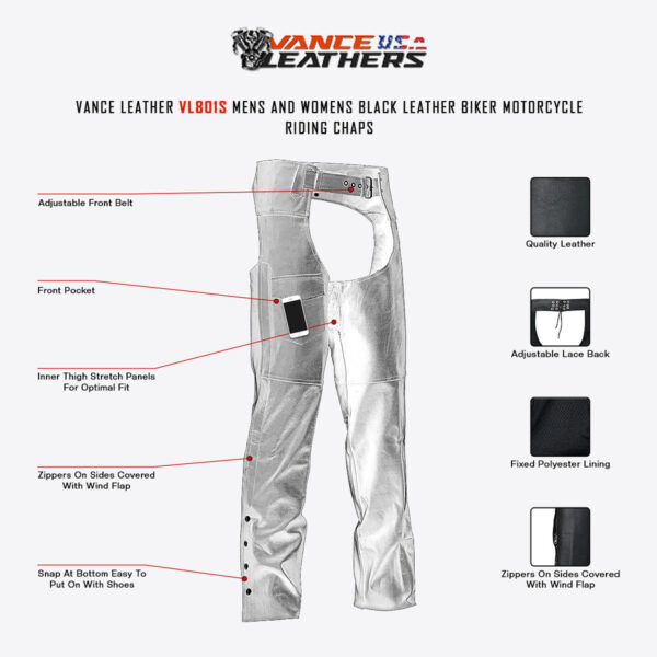 Vance Leather Unisex Classic Black Leather Biker Motorcycle Riding Chaps - Image 10