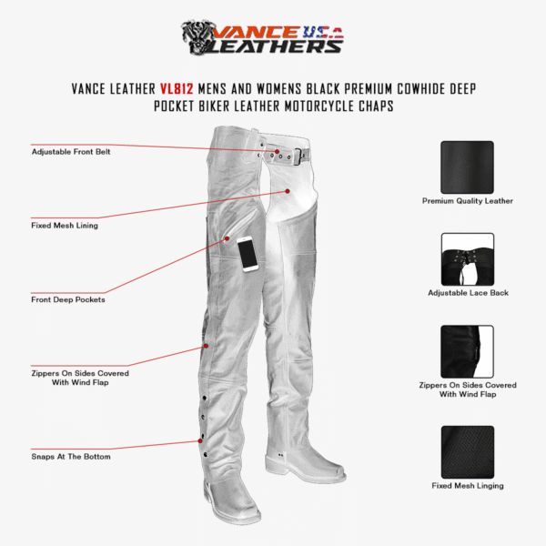 Vance Leather Unisex Black Premium Cowhide Deep Pocket Biker Leather Motorcycle Chaps - Image 5
